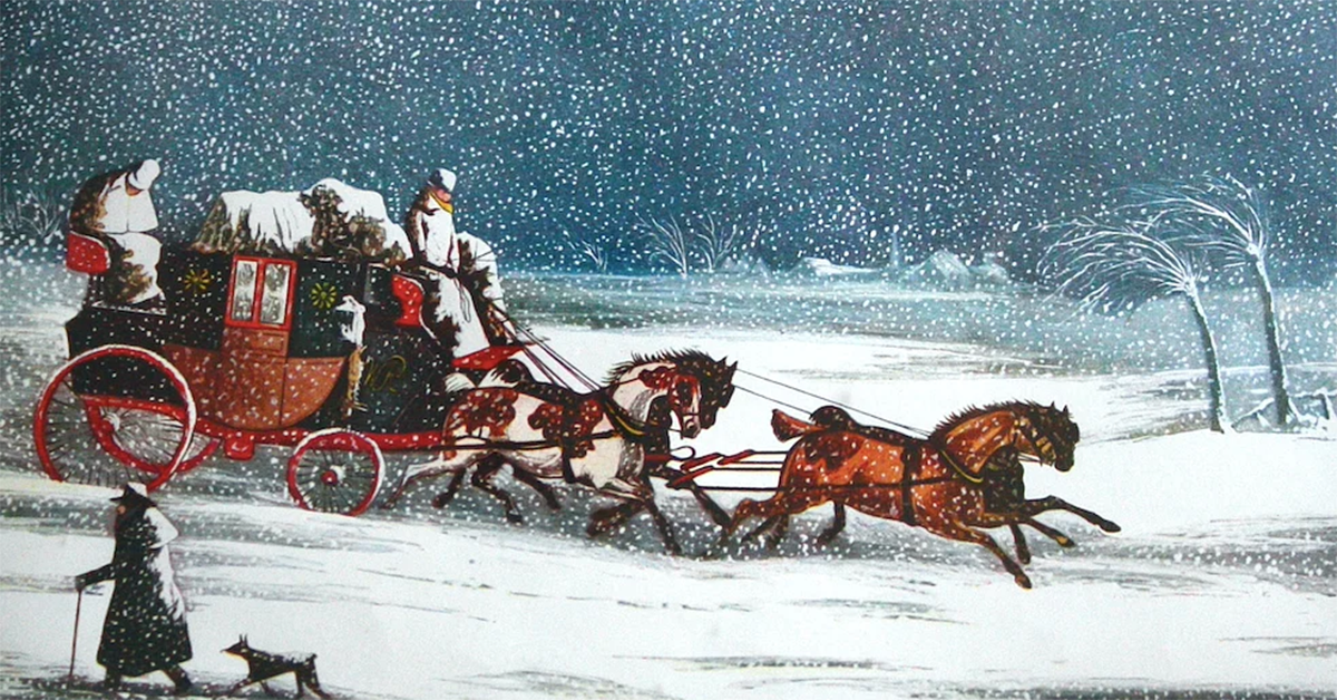 An old, public domain painting of a horse-drawn carriage moving through snow-covered England